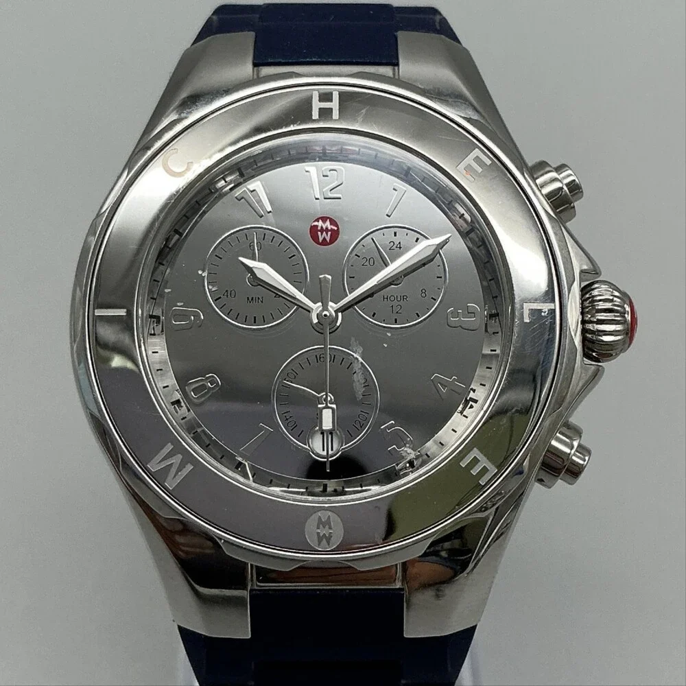 Michele Tahitian Womens Watch 41mm Silver Tone Chrono Blue Rubber New Battery